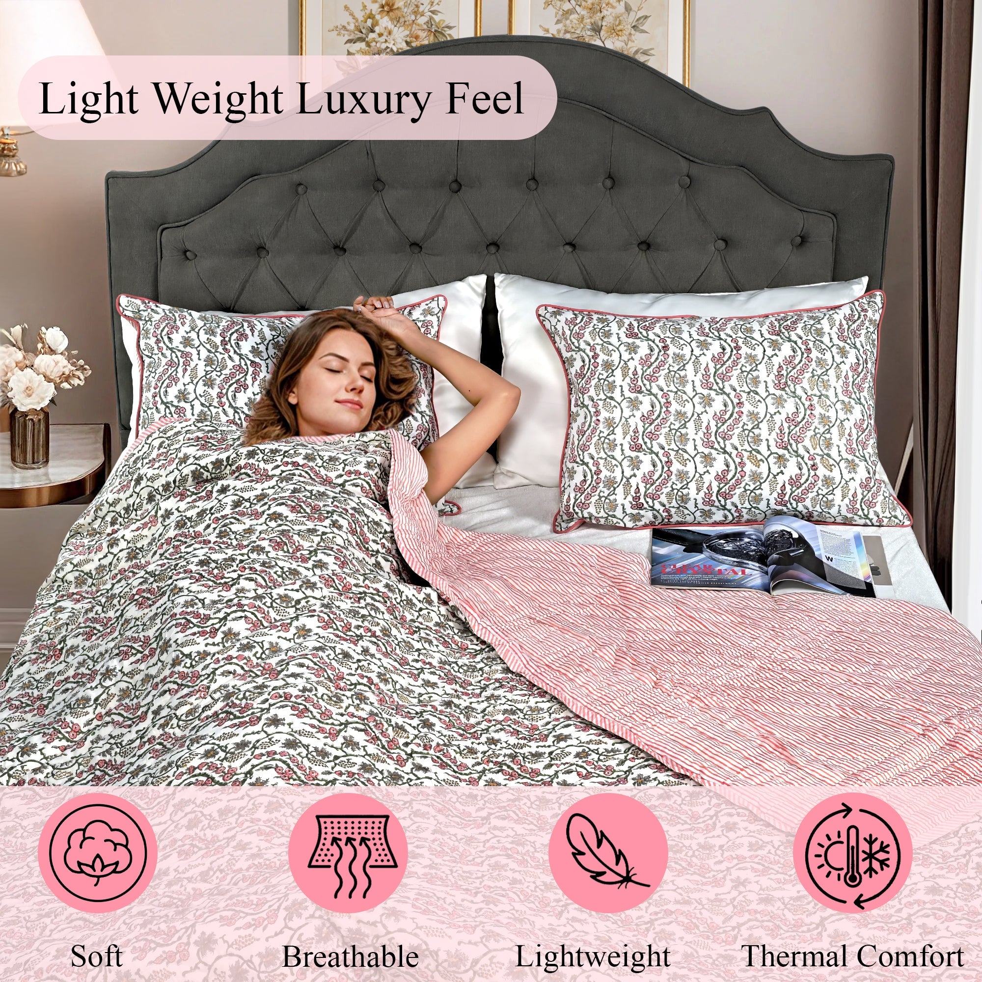 Coral Pink Quilt Ridhi Block Print