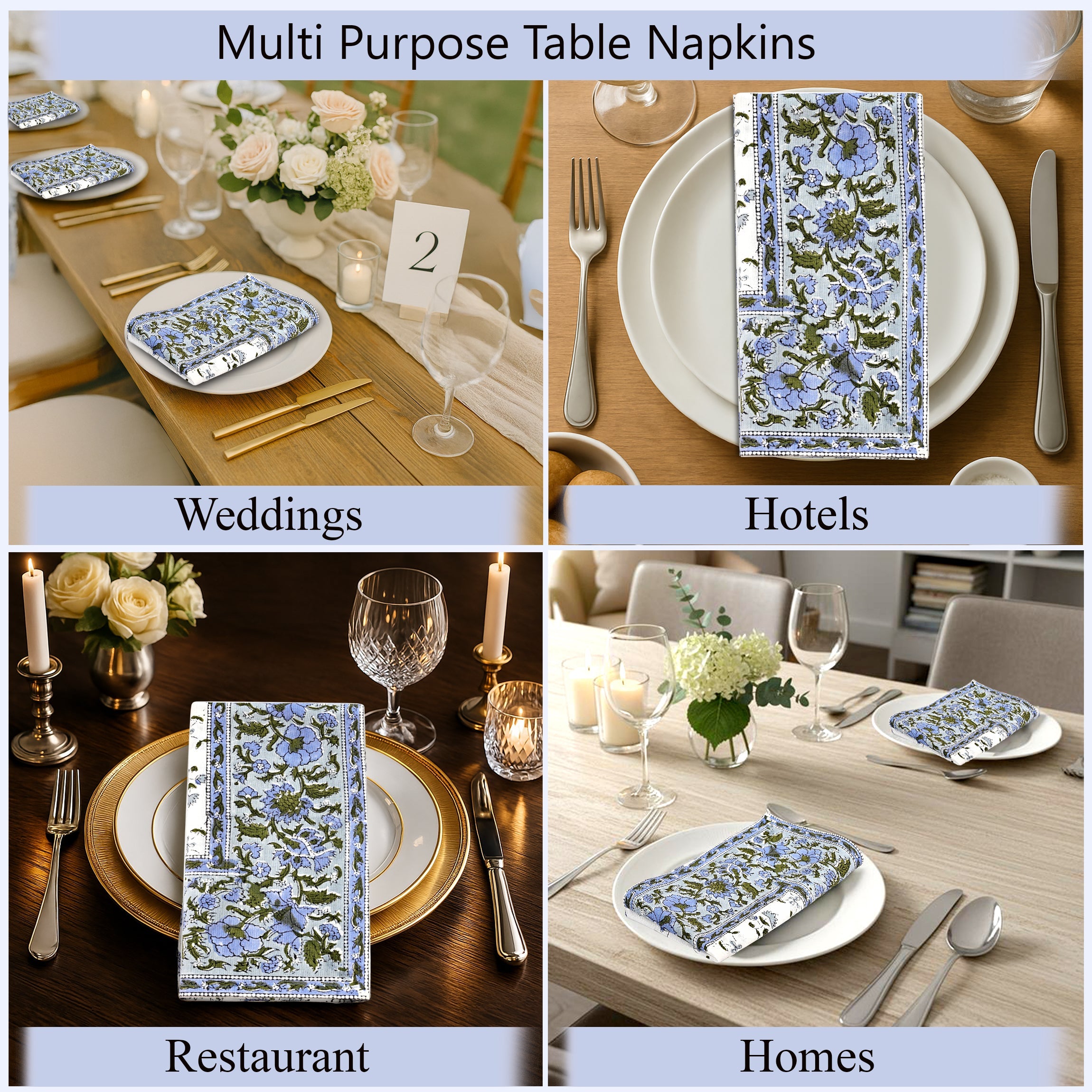 Powder Blue Border Napkins Ridhi Block Print