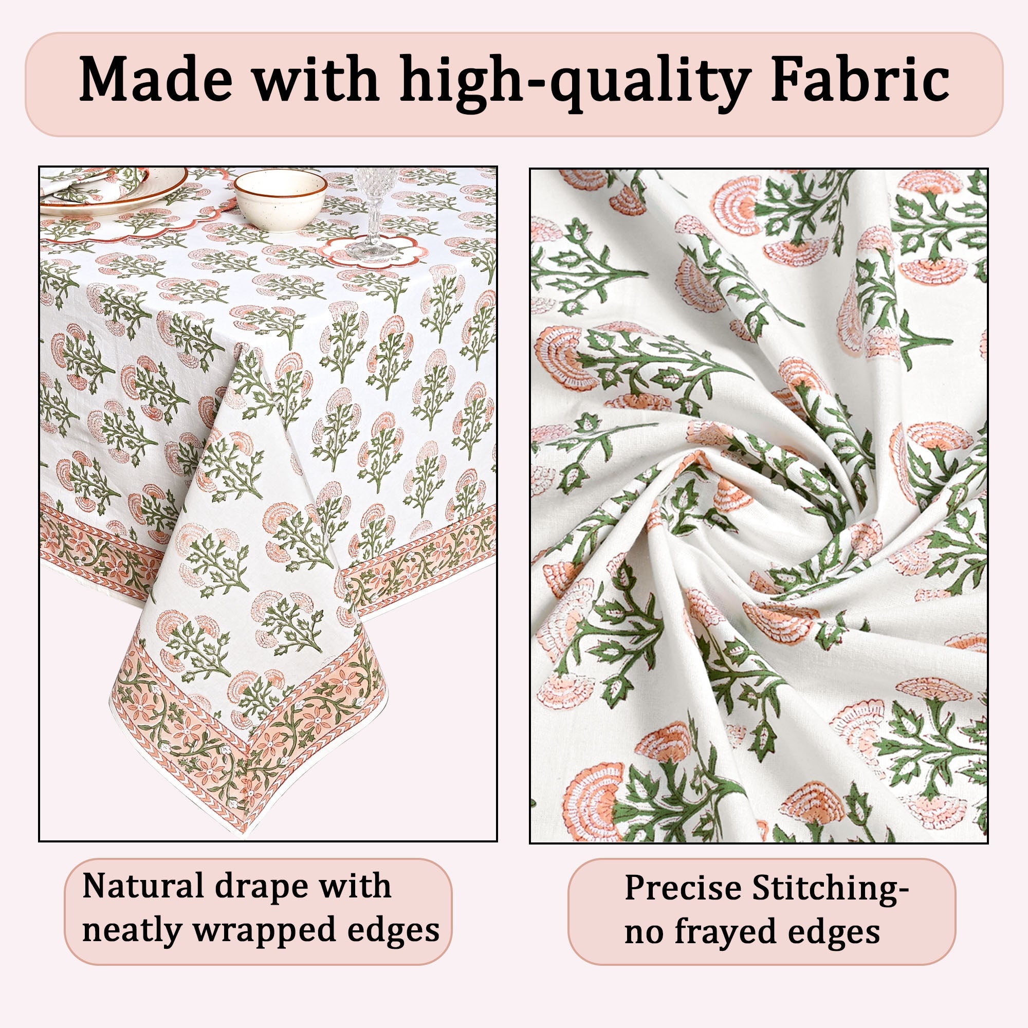Mughal Buta Peach Rectangle Tablecloth Ridhi Block Print