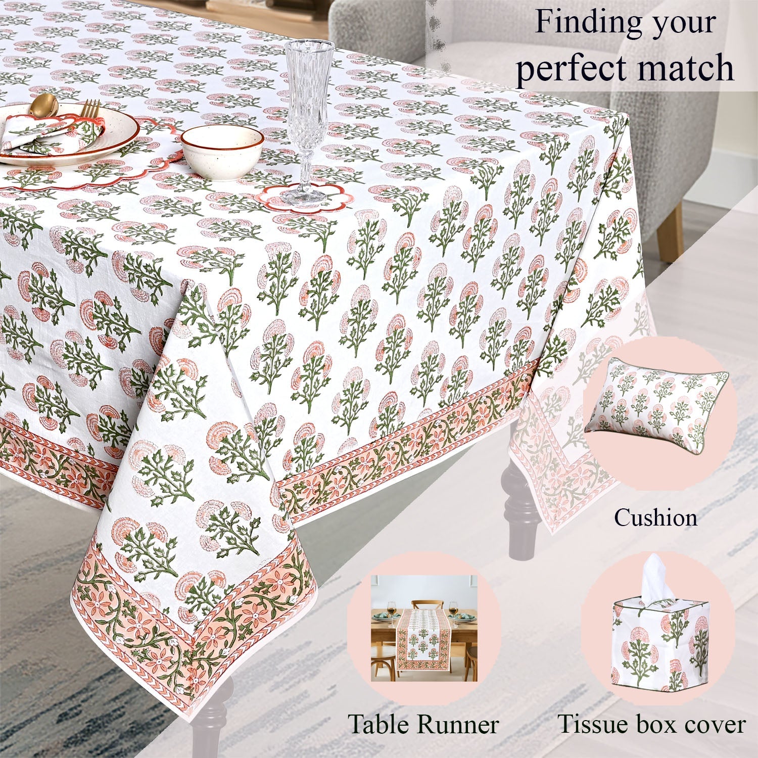 Mughal Buta Peach Rectangle Tablecloth Ridhi Block Print