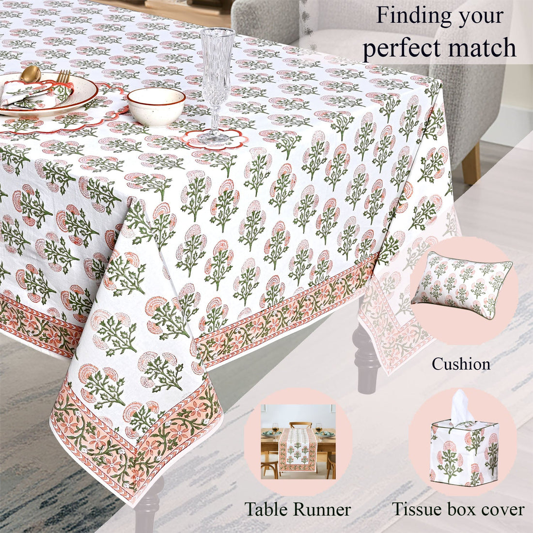 Mughal Buta Peach Square & Rectangle Tablecloth Ridhi Block Print