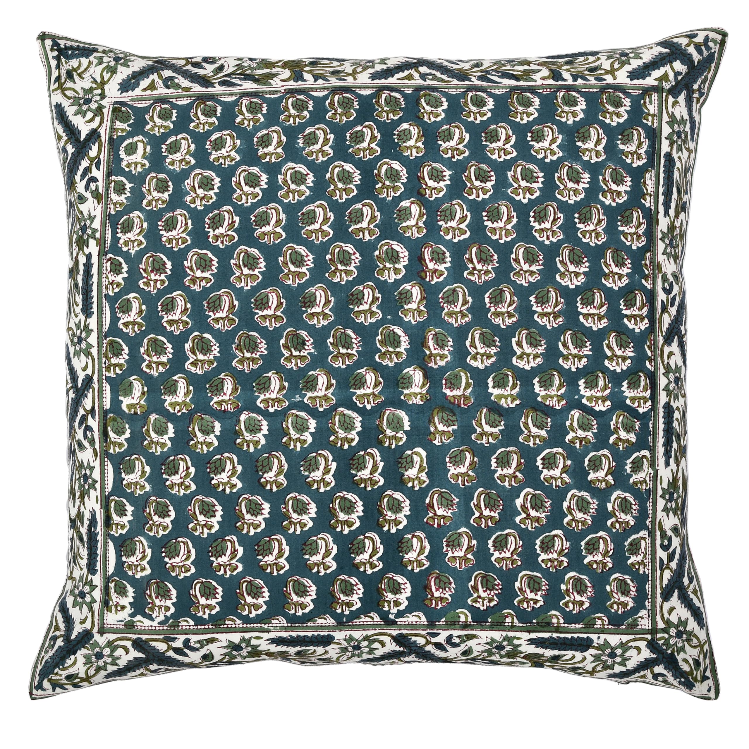 Hand Block Print Cotton Throw Pillow Cover - Peacock Blue