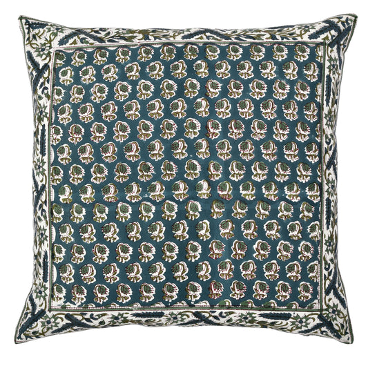Hand Block Print Cotton Throw Pillow Cover - Peacock Blue