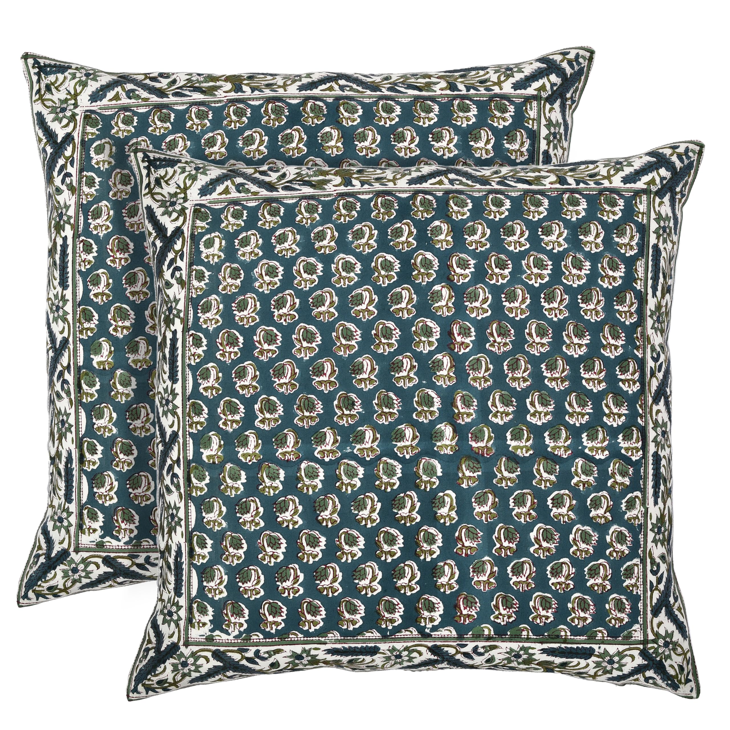 Hand Block Print Cotton Throw Pillow Cover - Peacock Blue
