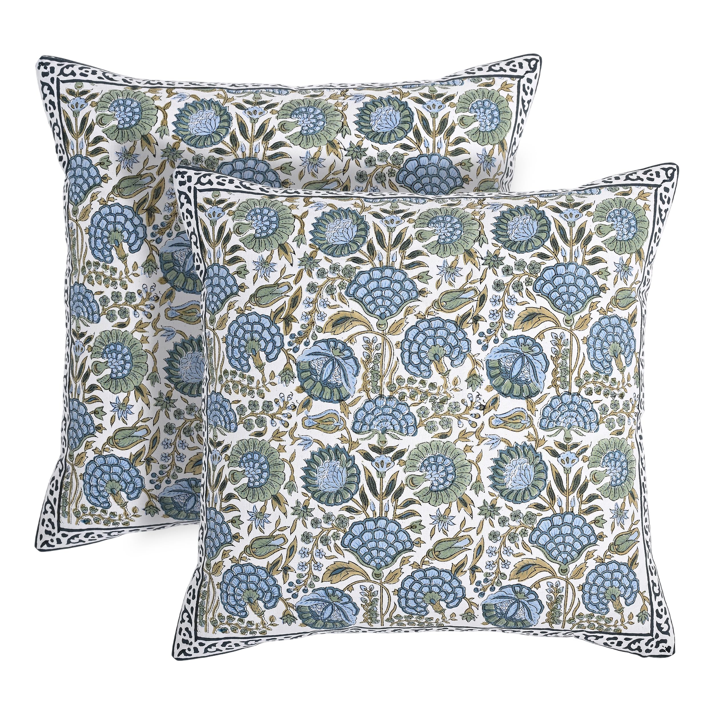 Hand Block Print Cotton Throw Pillow Cover - Asparagus Green