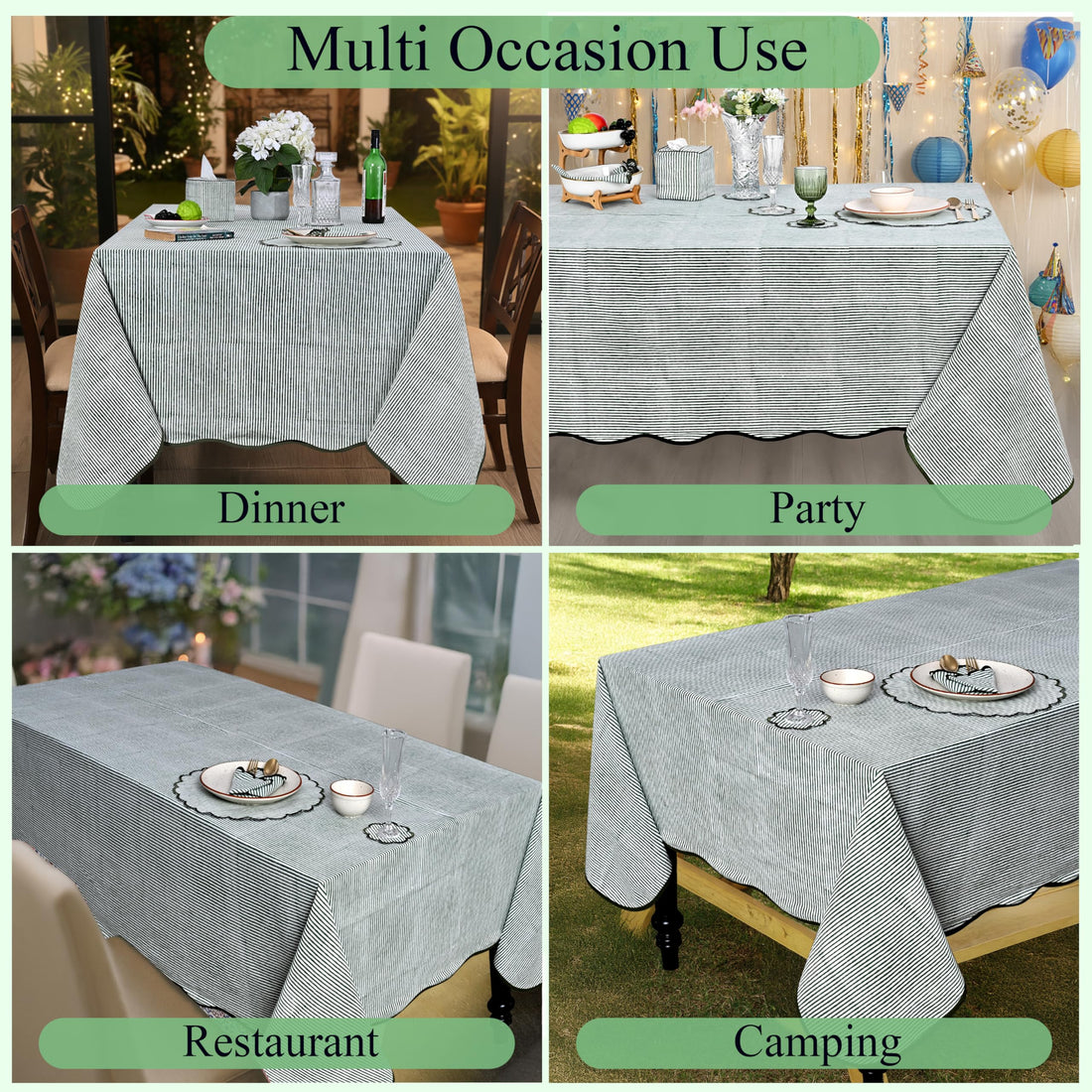 Hand Block Print Cotton Tablecloth - Forest Green Stripe