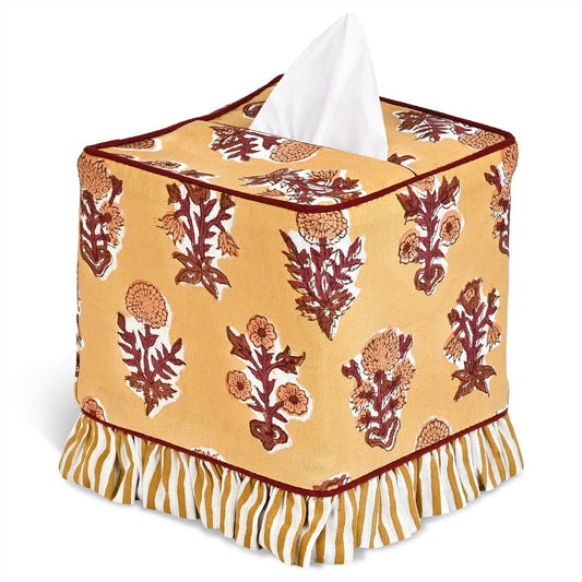 Block Print Ruffle Tissue Box Cover - Amber Marigold RIDHI