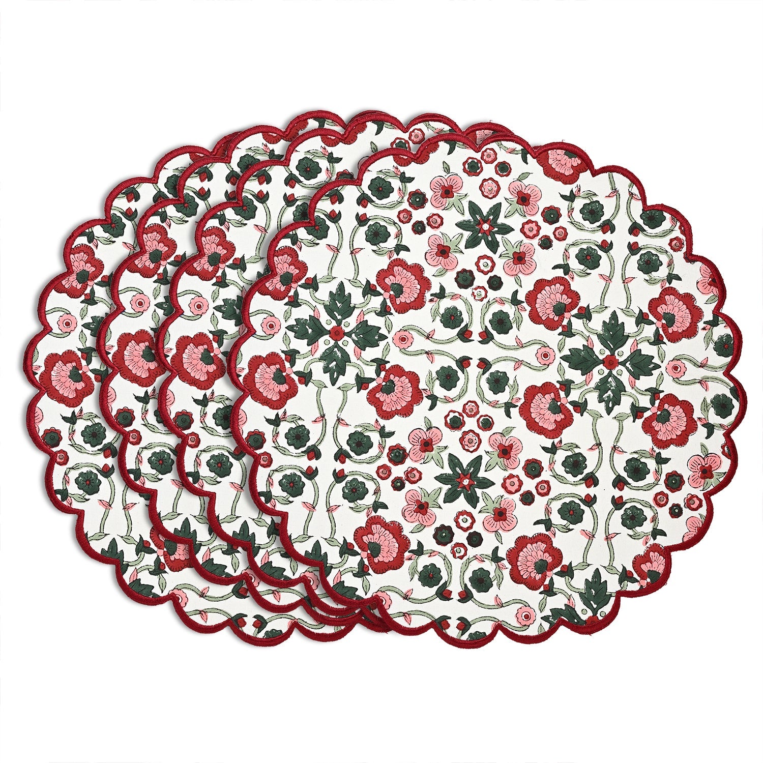 Apple Red and Green Round Placemats Ridhi Block Print