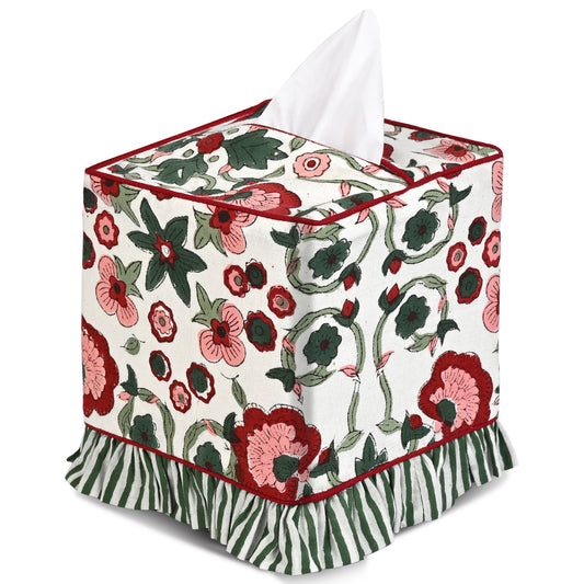 Block Print Ruffle Tissue Box Cover - Apple Red & Green RIDHI