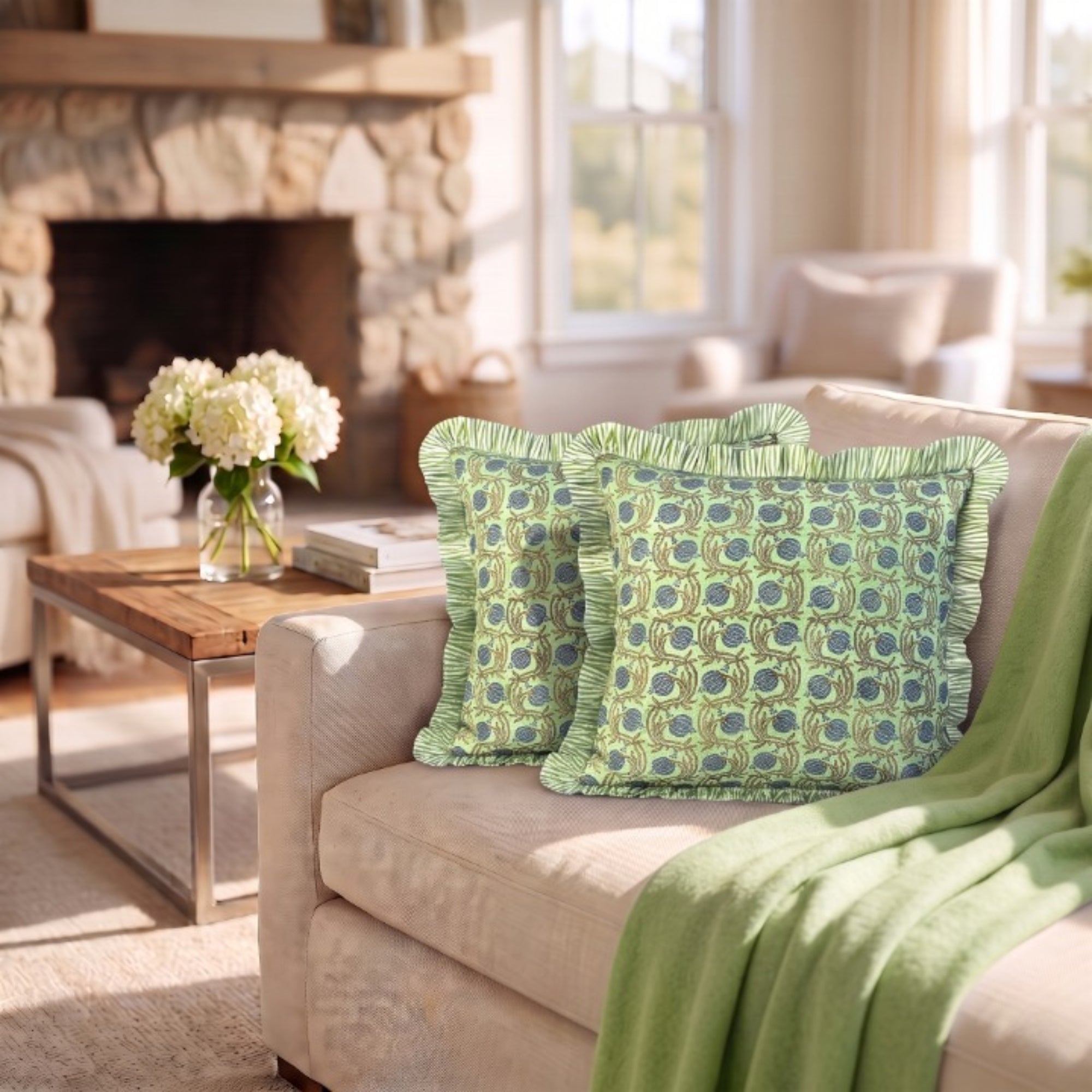 Apple Green Floral Ruffle Pillow Cover RIDHI