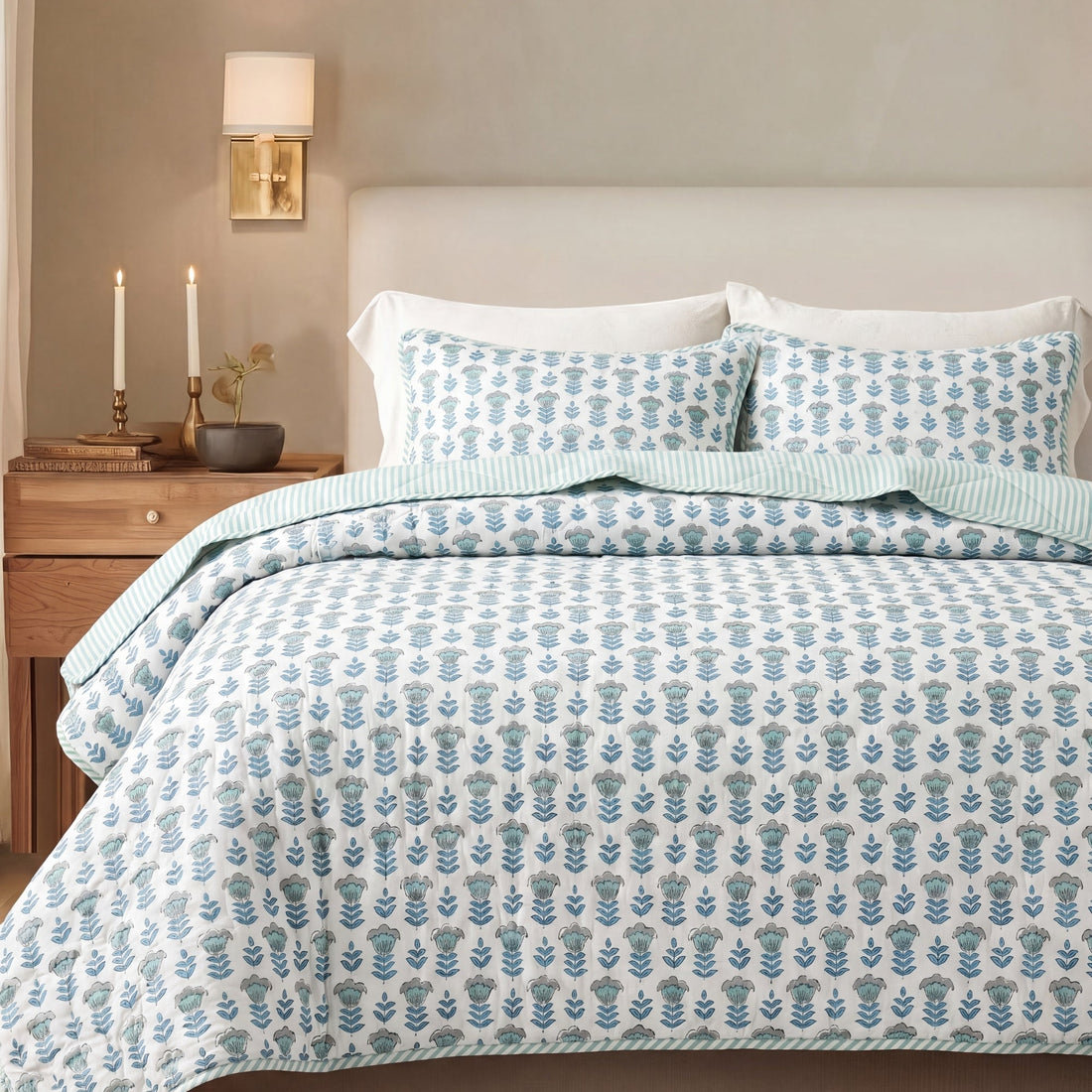 Aquamarine Blue Quilt Ridhi Block Print