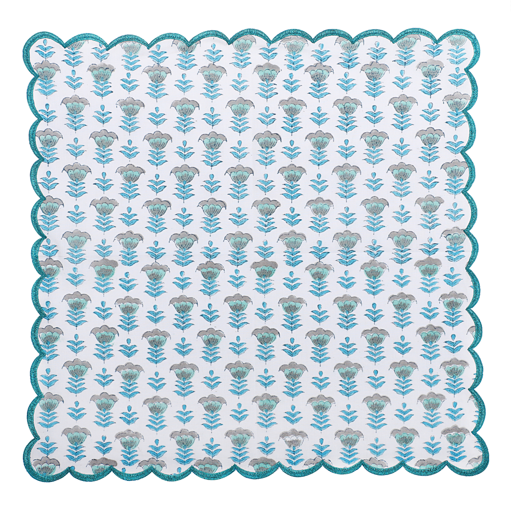 Patterned fabric with blue and gray floral design on a white background