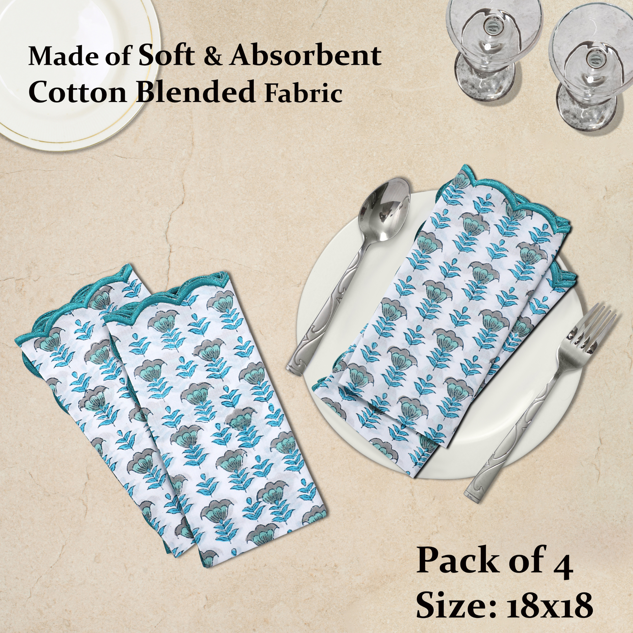 Pack of 4 patterned napkins on a beige surface with cutlery.