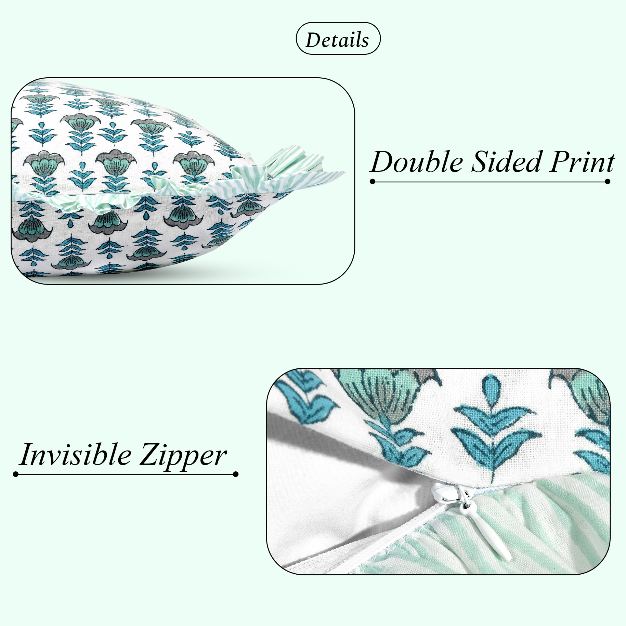 Close-up of cotton pillow cover showing double-sided print and invisible zipper.