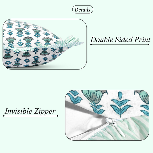 Close-up of cotton pillow cover showing double-sided print and invisible zipper.