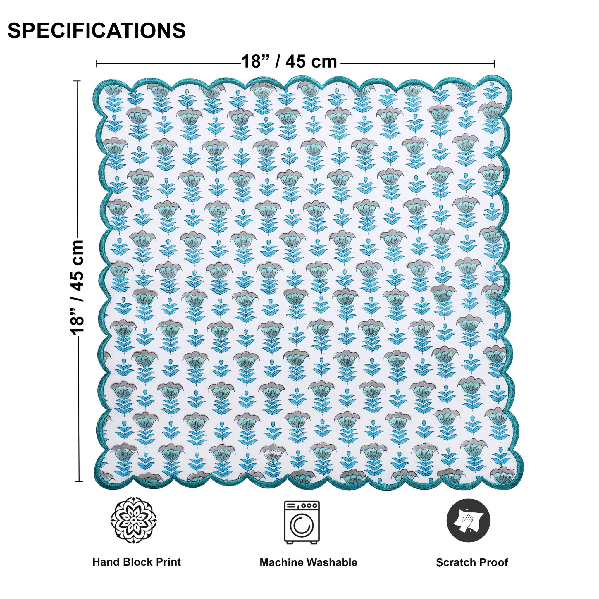 Product specifications including size, material, and care instructions on a white background