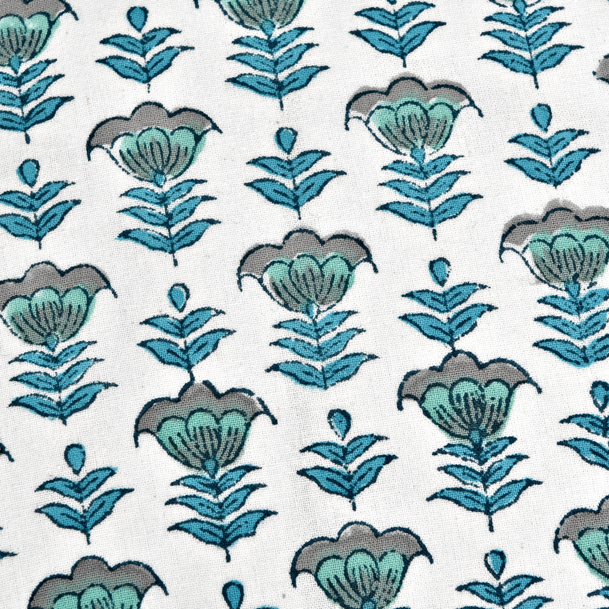 Blue floral Indian hand block print cotton fabric pattern close-up.