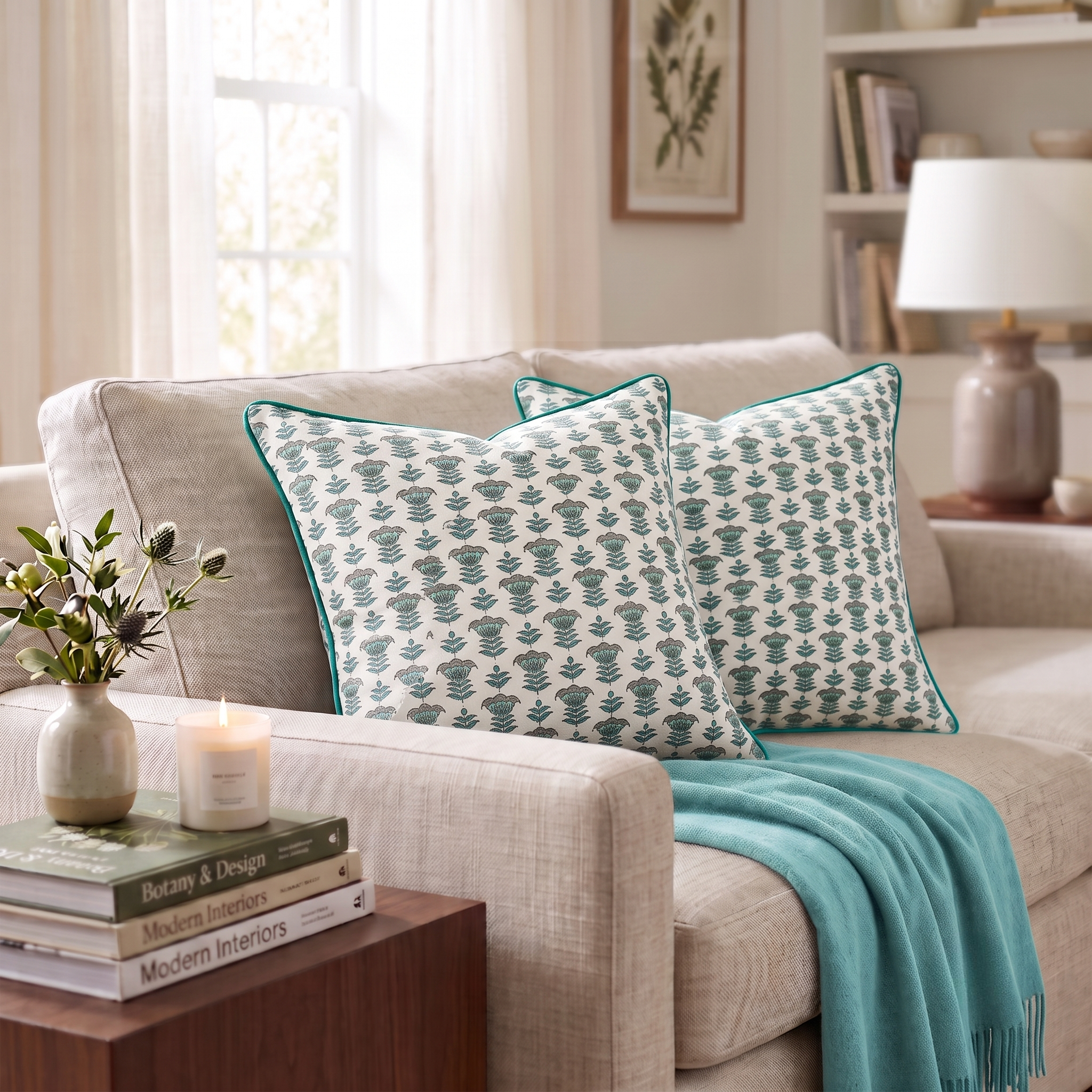 Aquamarine Blue Piping Pillow Cover Ridhi Block Print