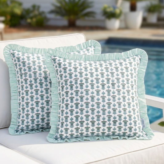 Aquamarine Blue Ruffle Pillow Cover Ridhi Block Print