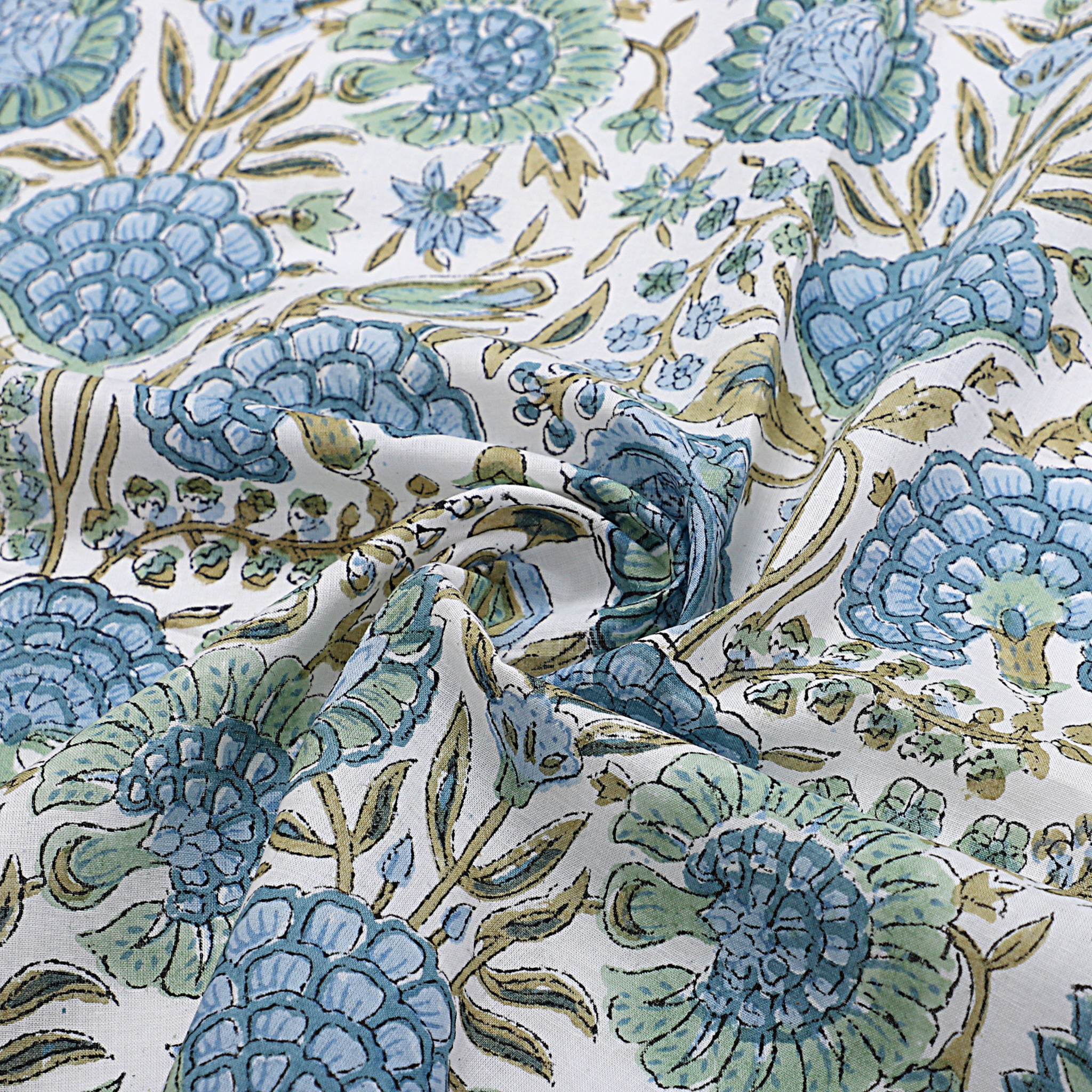 Close-up of floral fabric pattern with blue and green flowers on a white background