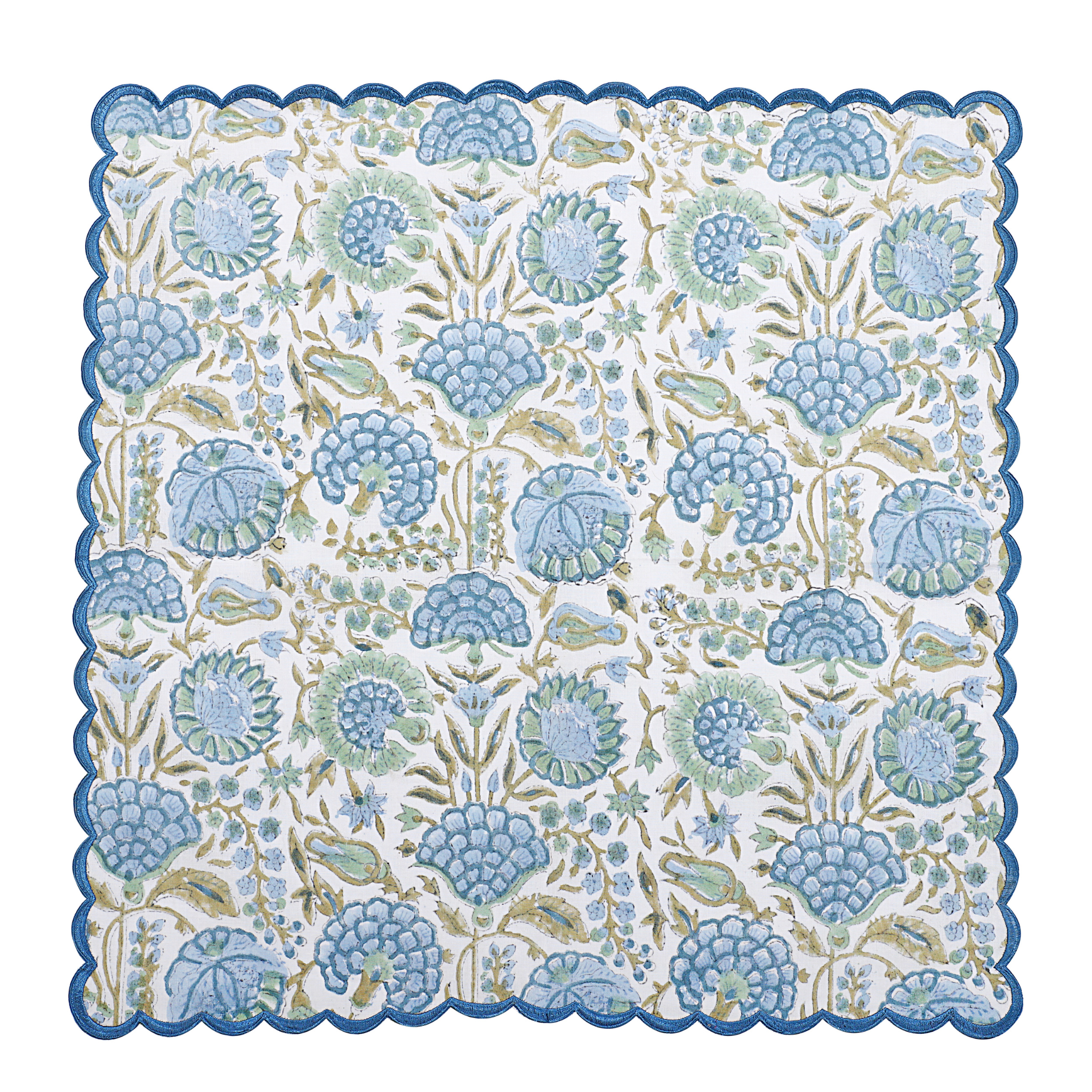 Decorative tablecloth with blue floral pattern on a white background