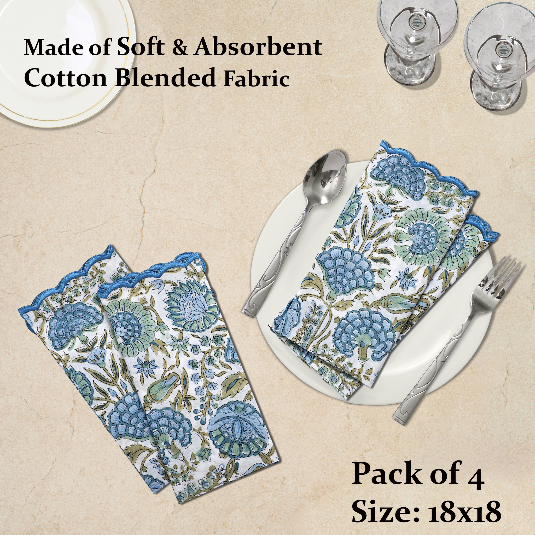 Floral patterned napkins on a table setting with cutlery, on a beige background.