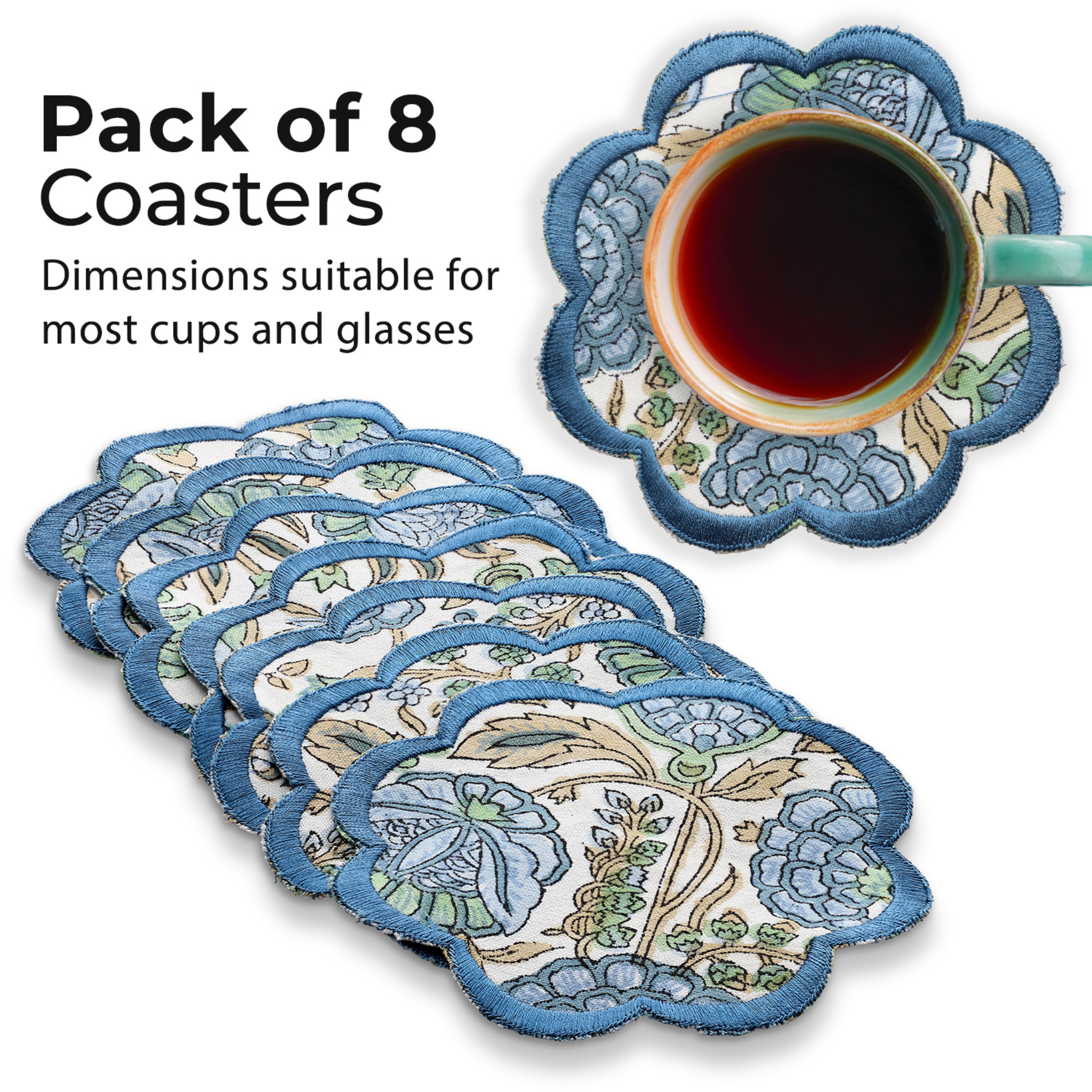 Pack of 8 floral coasters with a cup of tea on one coaster.