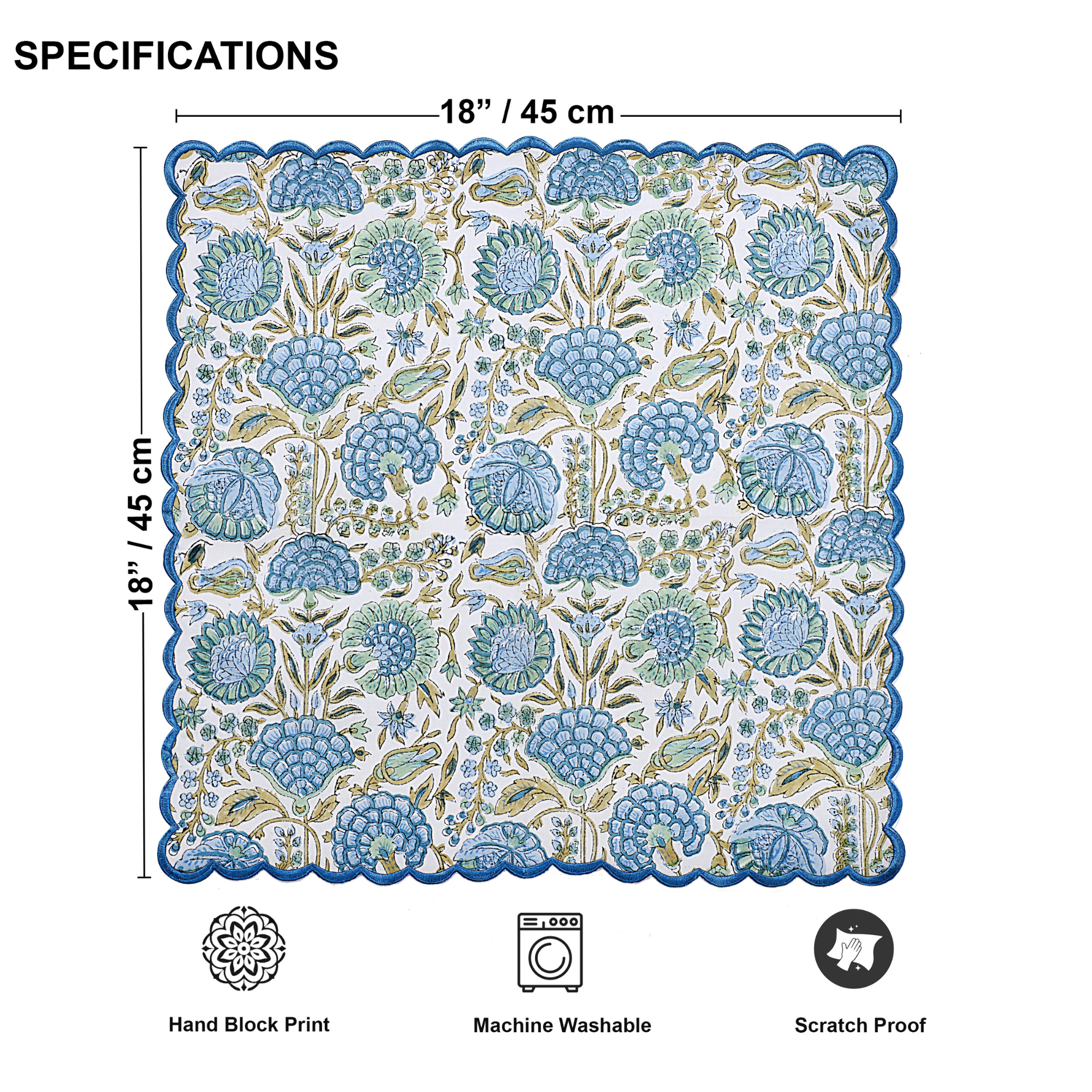 Patterned fabric square with dimensions and care label icons on a white background