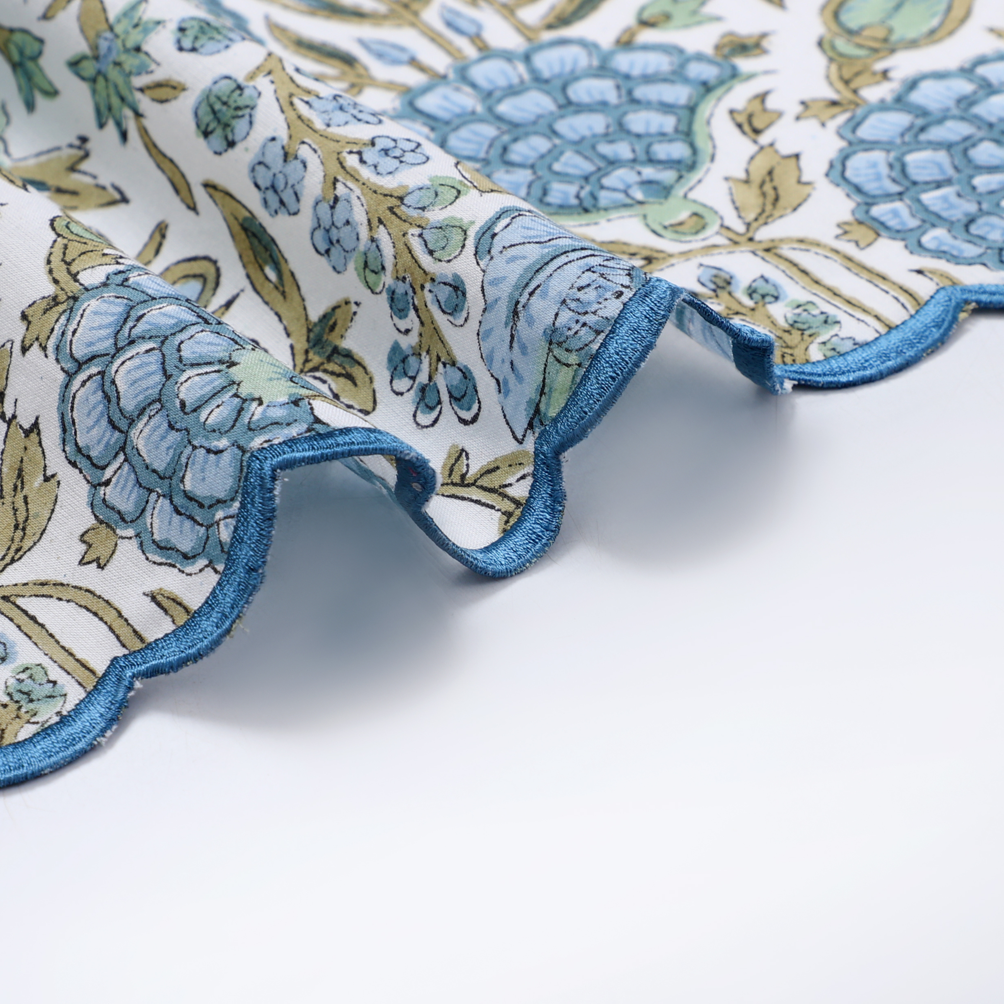 Close-up of a floral-patterned fabric with blue and green details on a white background
