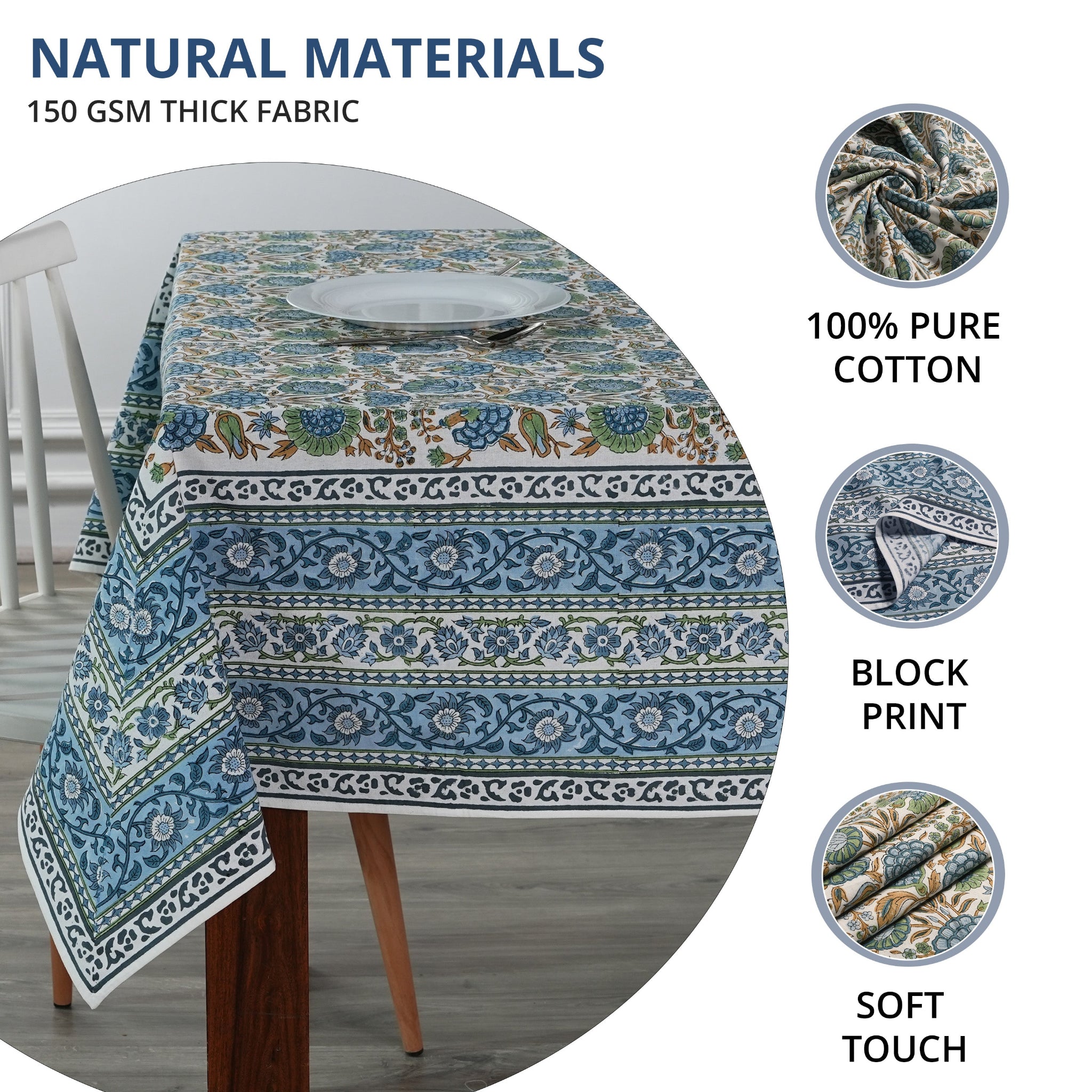 Tablecloth with blue and green patterns on a table, featuring text about natural materials and fabric details.