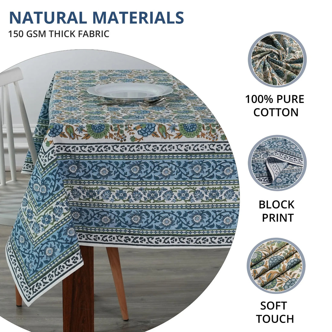 Tablecloth with blue and green patterns on a table, featuring text about natural materials and fabric details.