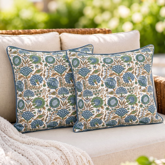 Floral patterned cushions on a chair with a vase of red berries on a side table.