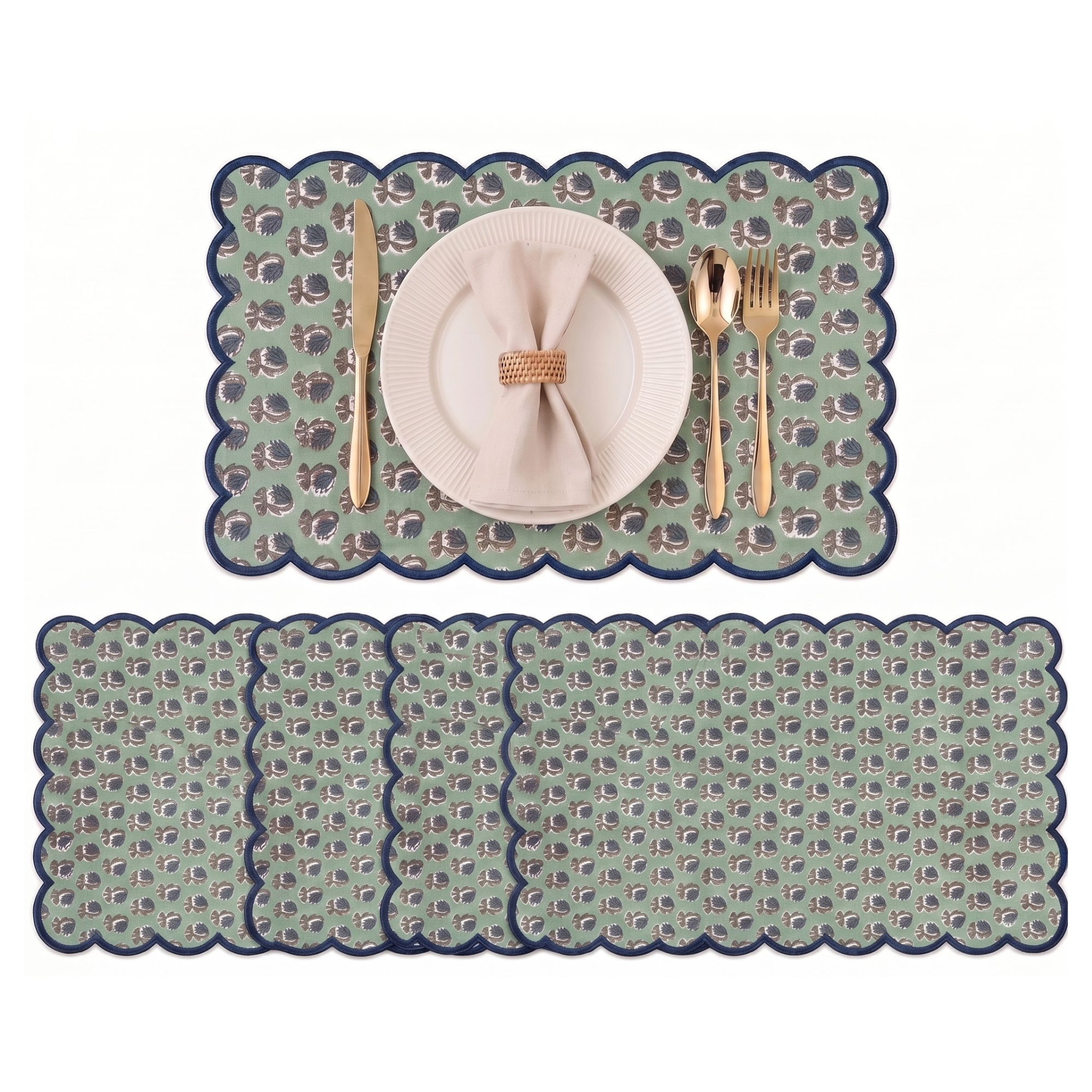 Basil Green Round Placemat Ridhi Block Print