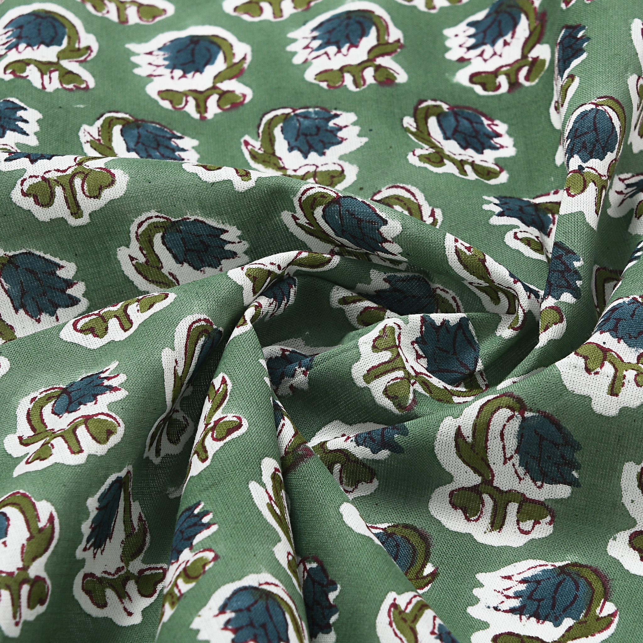 Fabric with a floral pattern on a green background