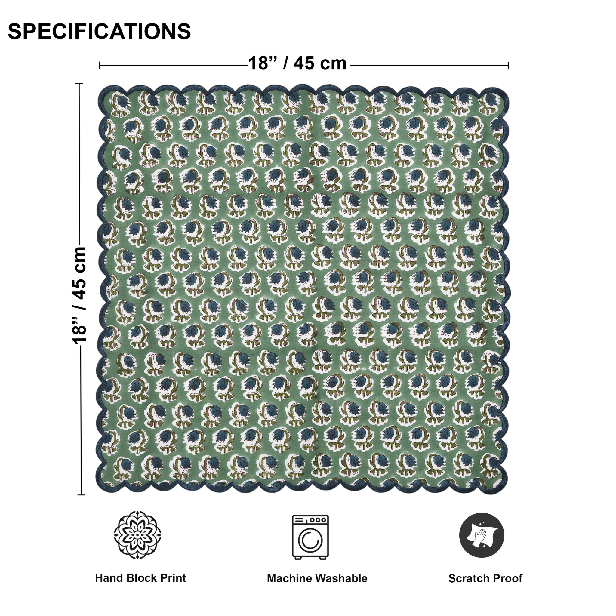 Patterned mat with dimensions and features on a white background