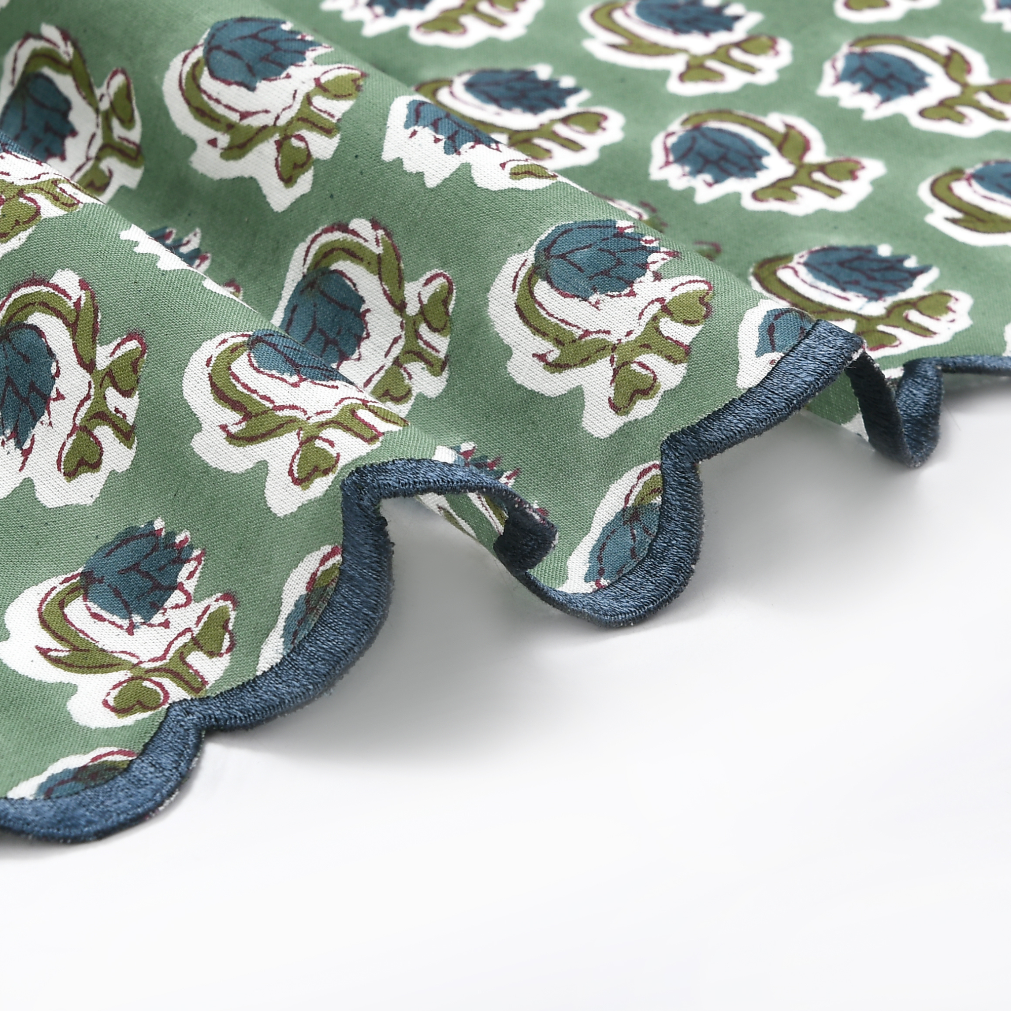 Close-up of a fabric with floral pattern and blue trim on a white background