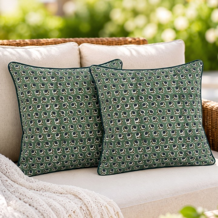 Basil Green Piping Pillow Cover Ridhi Block Print