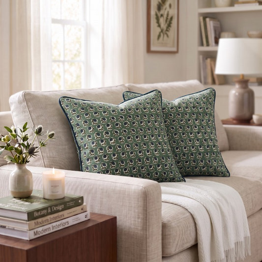 Basil Green Piping Pillow Cover Ridhi Block Print