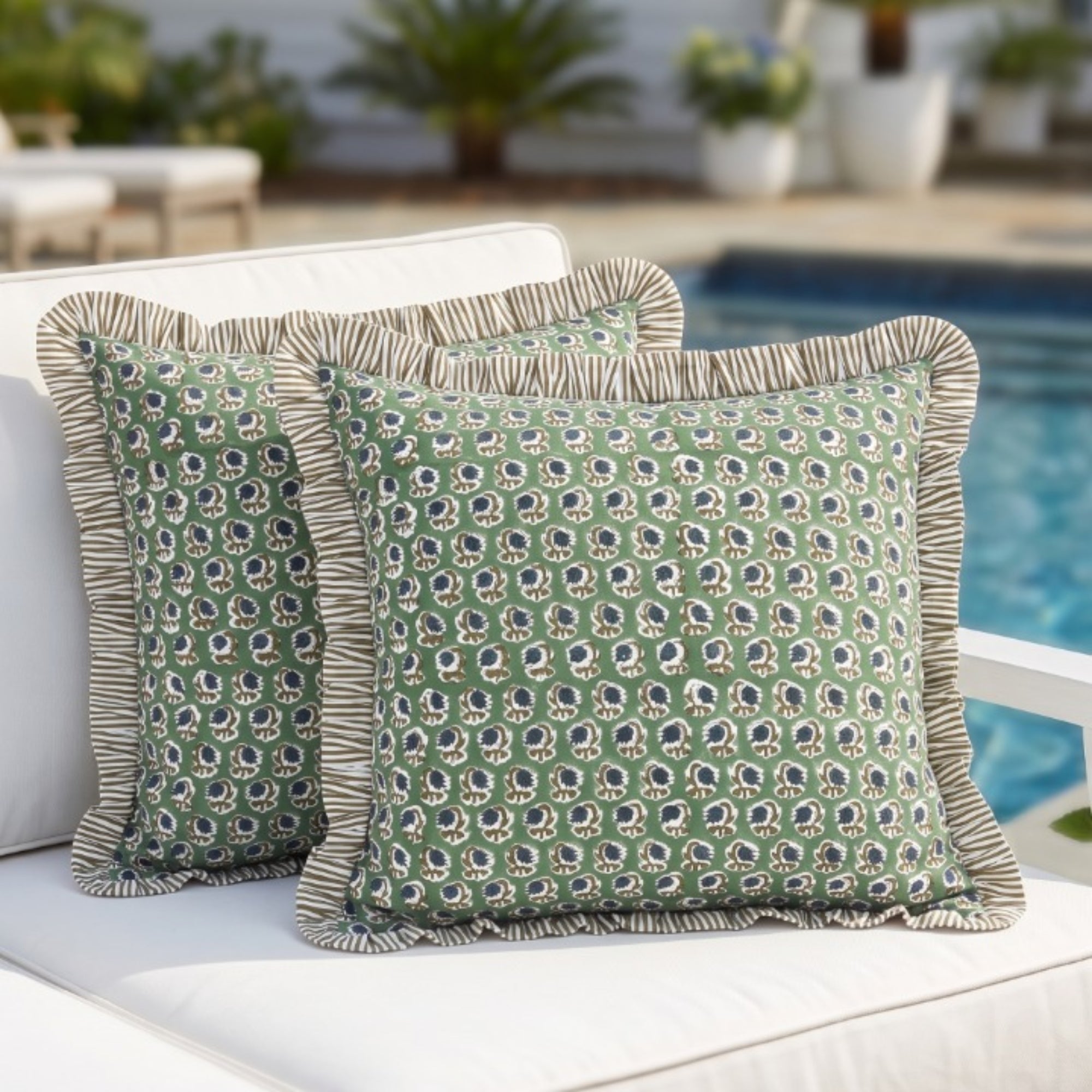 Basil Green Ruffle Pillow Cover Ridhi Block Print