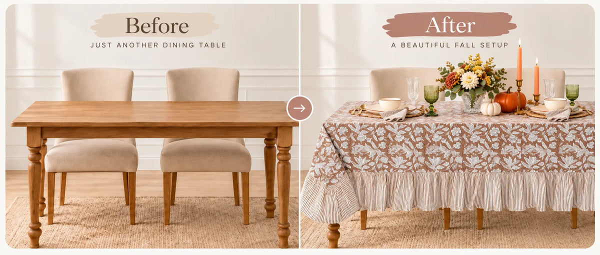 Before and after with a Ridhi hand block printed tablecloth