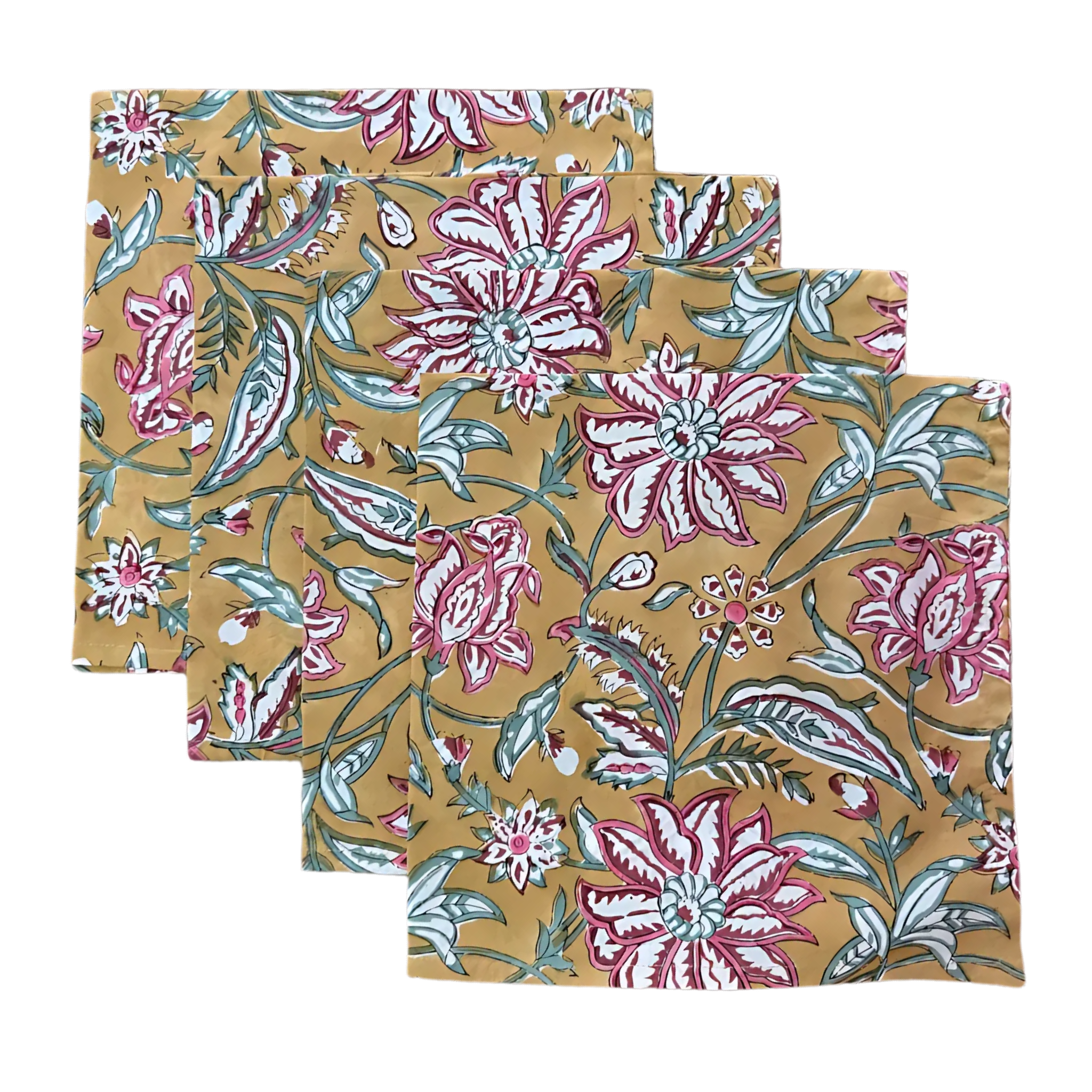 Set of three floral-patterned napkins on a beige background