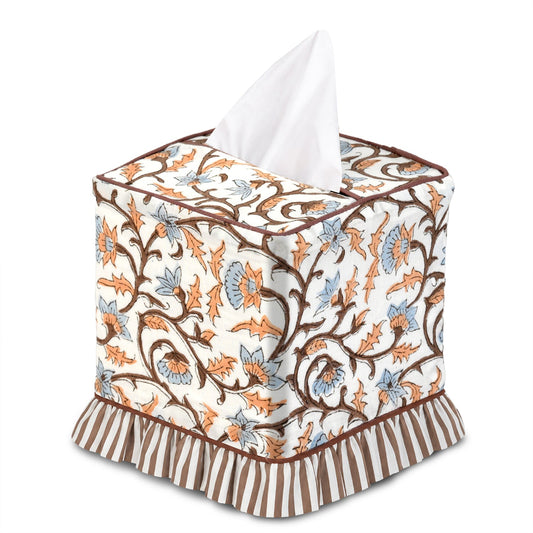 Block Print Ruffle Tissue Box Cover - Brown Meadow Vine RIDHI