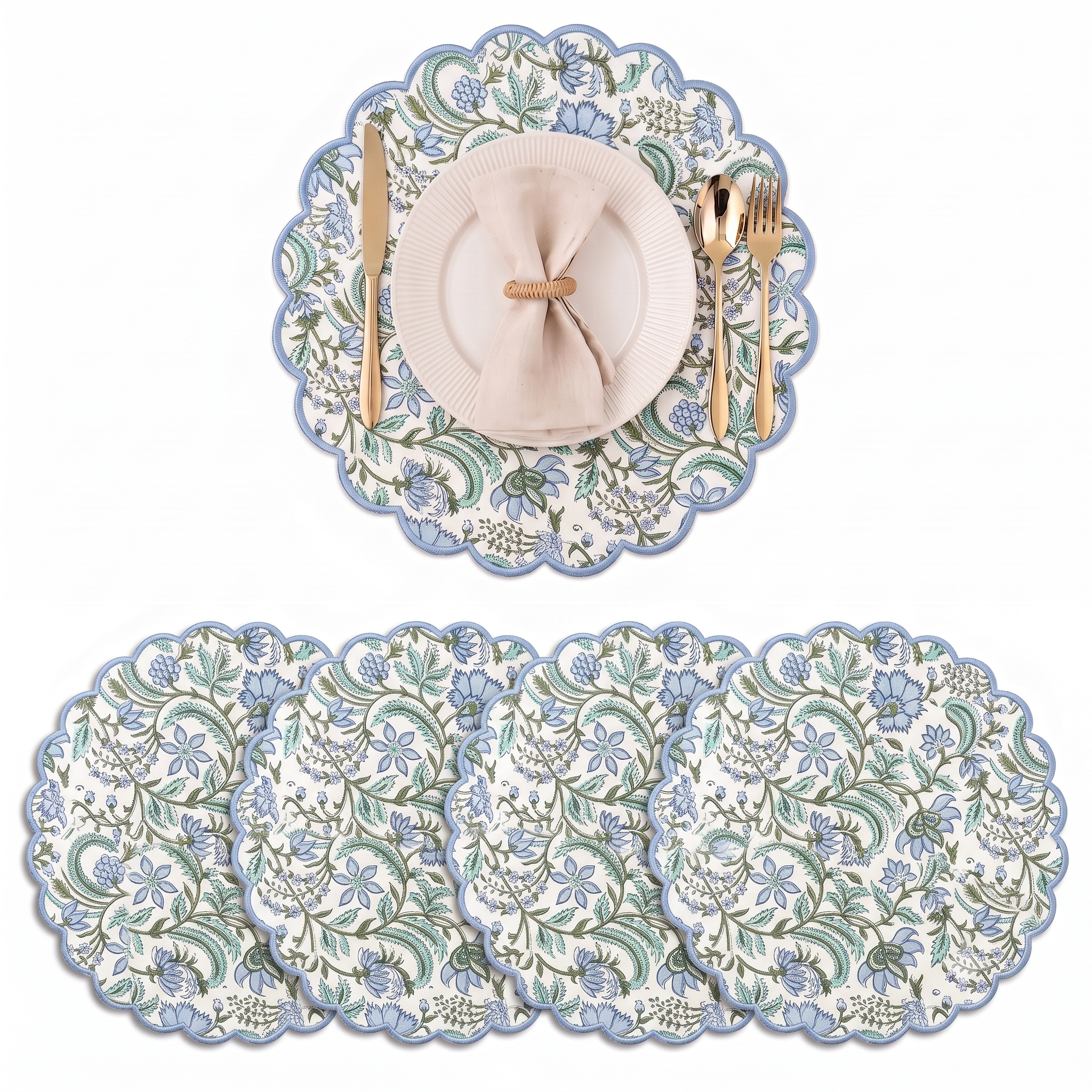 Columbia Blue Round Placemat Ridhi Block Print