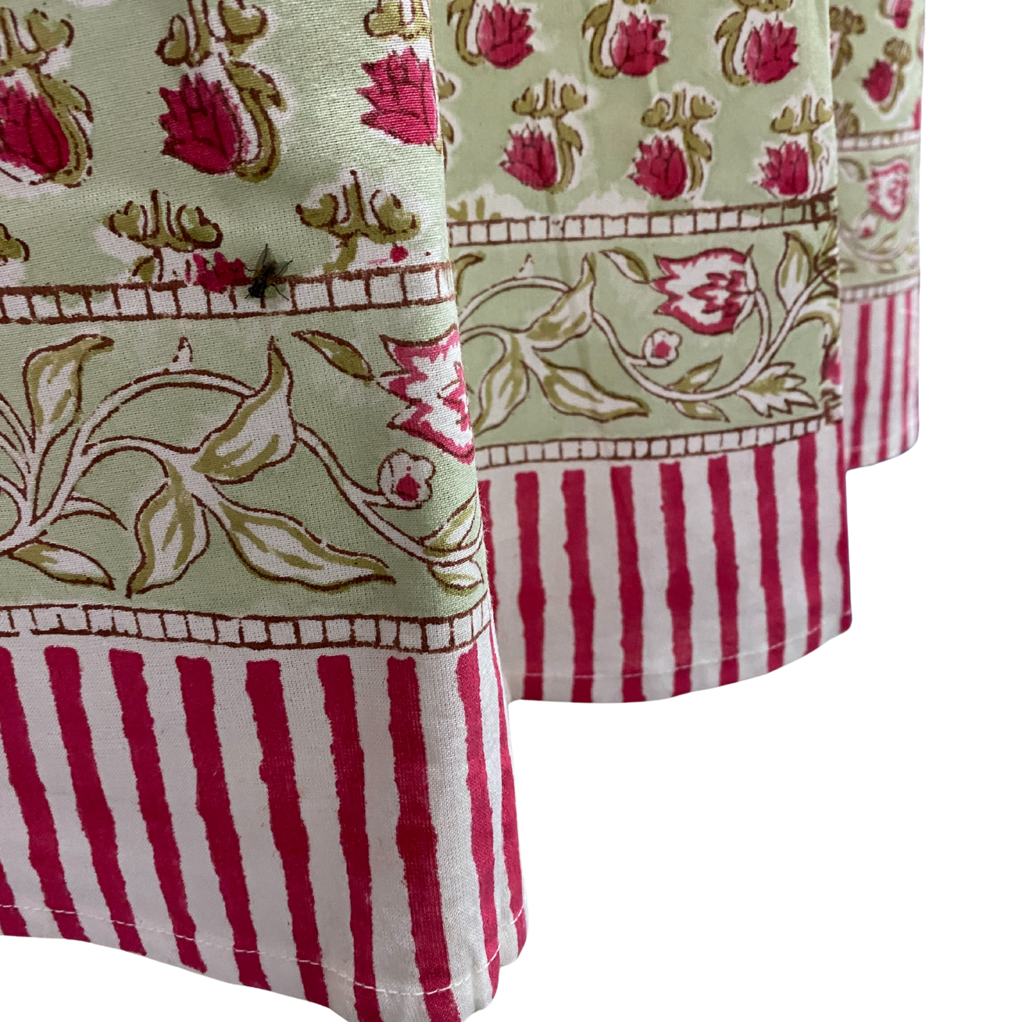 Close-up of a fabric with floral and striped patterns on a white background