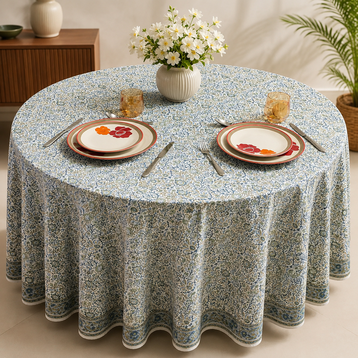 Indigo Flower Round Tablecloth Ridhi Block Print