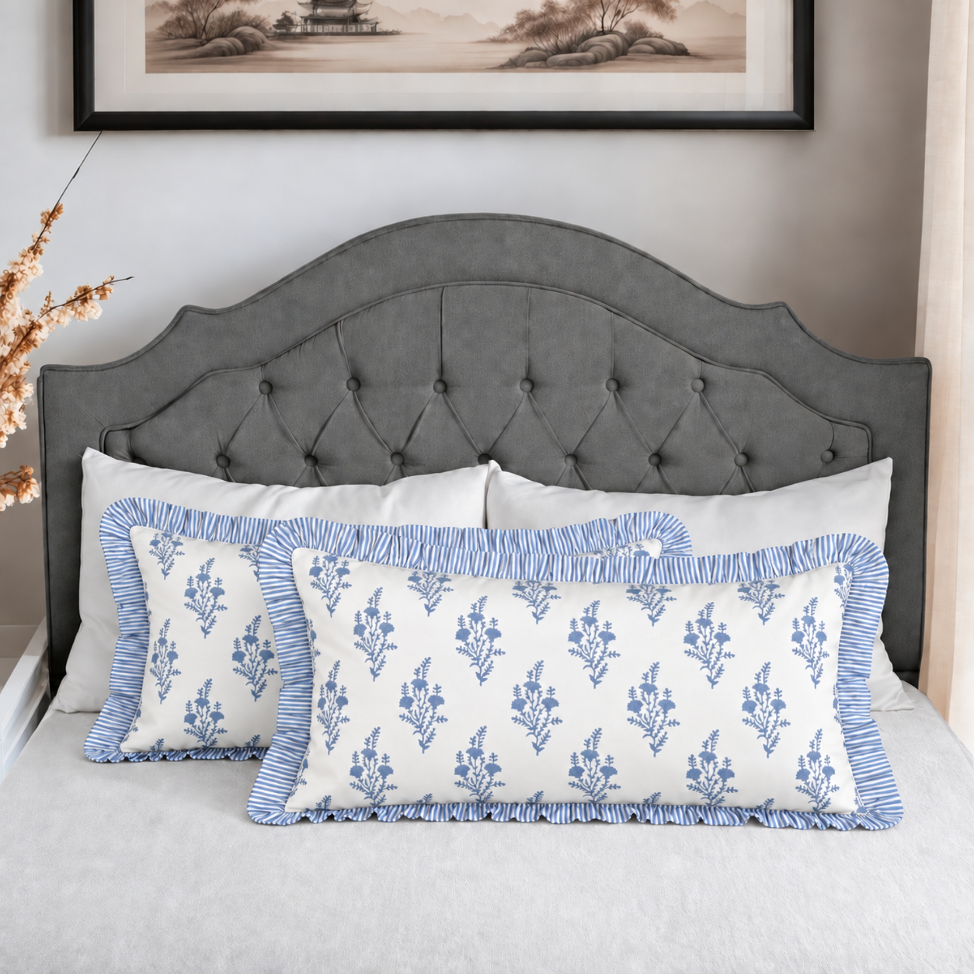 Coastal Blue Bed Pillow Cover Ridhi Block Print