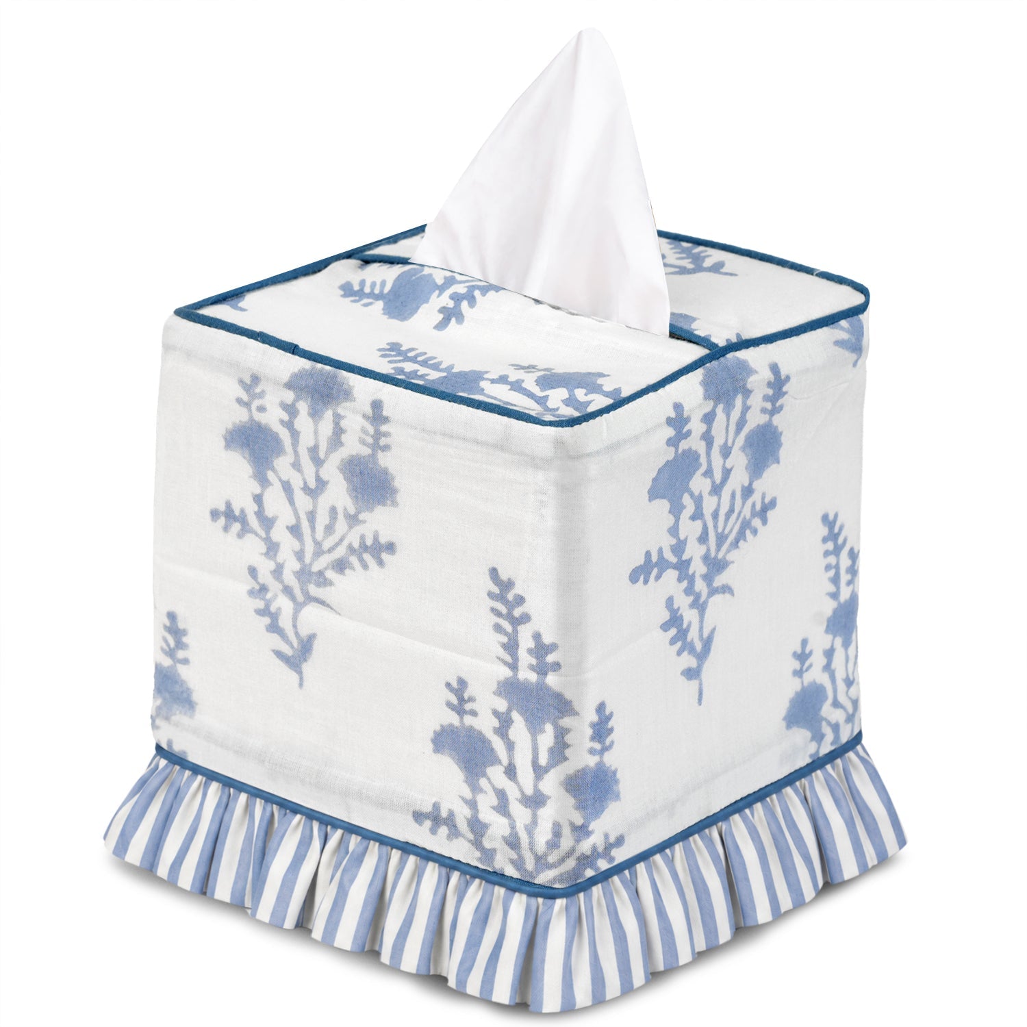 Block Print Ruffle Tissue Box Cover - Coastal Blue RIDHI