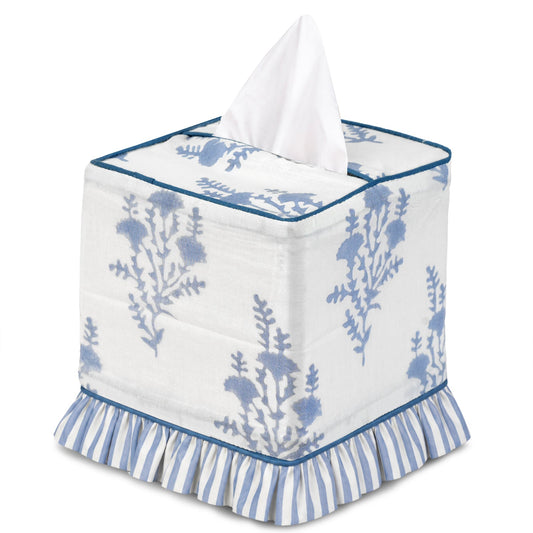 Block Print Ruffle Tissue Box Cover - Coastal Blue RIDHI