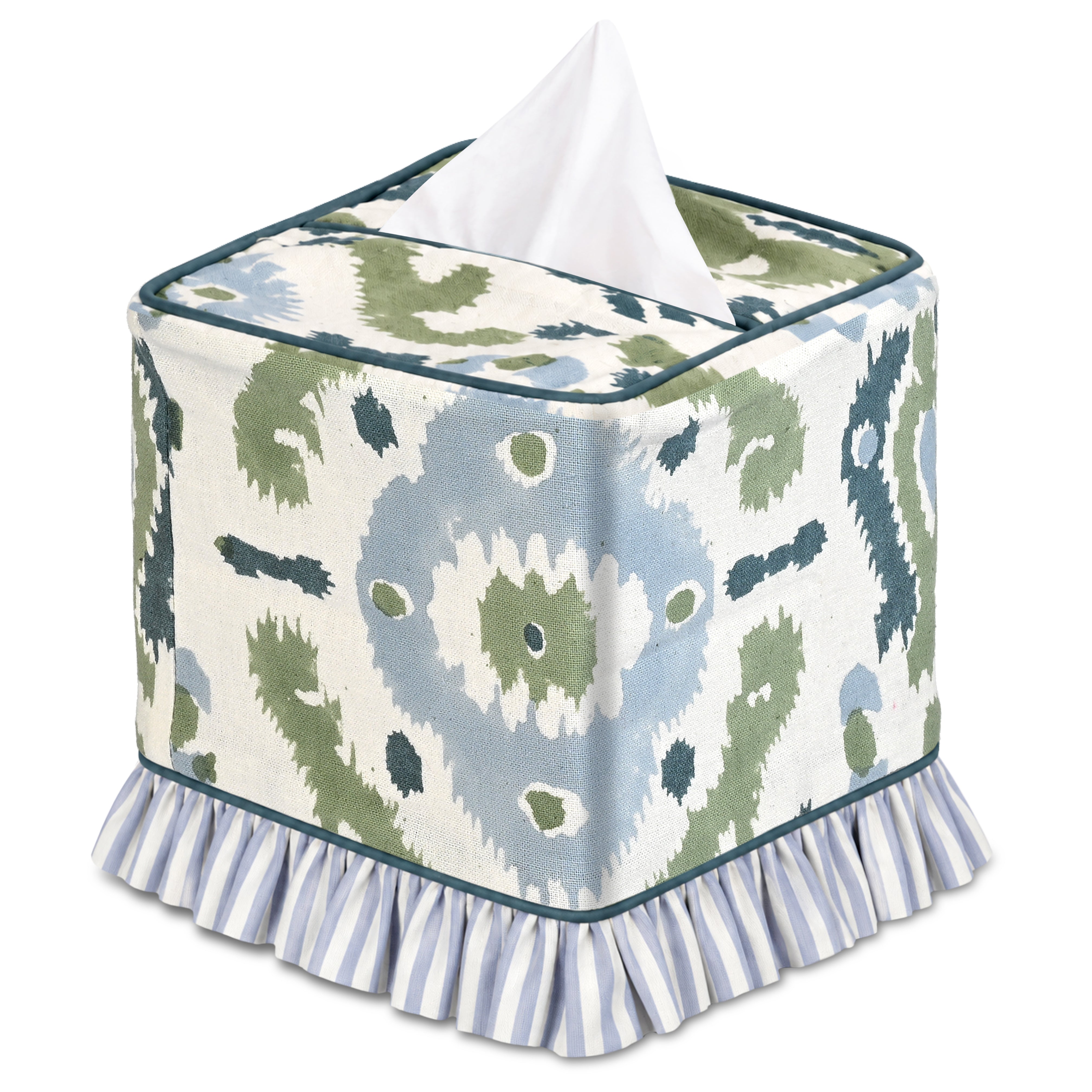 Block Print Ruffle Tissue Box Cover - Coastal Blue and Sage Green RIDHI
