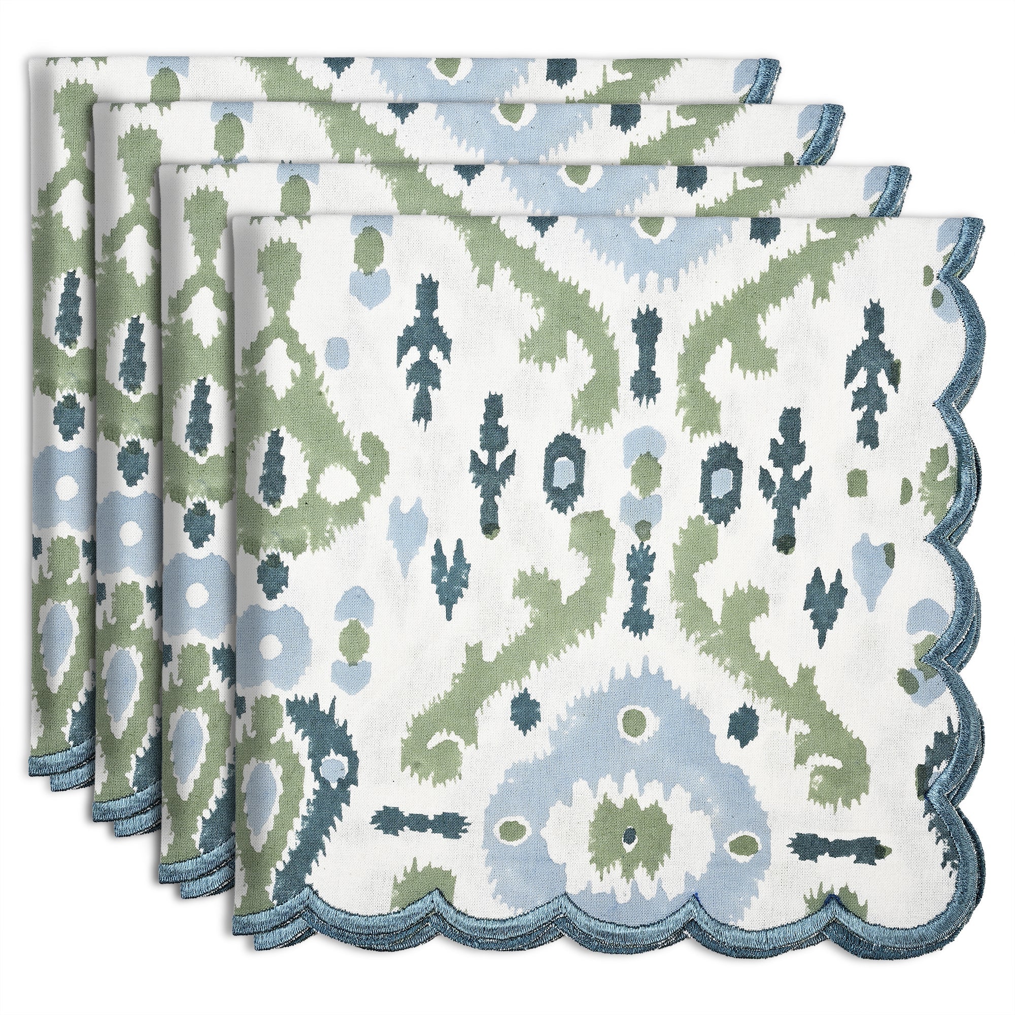 Coastal Ikat Blue and Sage Green Embroidery Napkins Ridhi Block Print